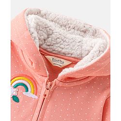 Bonfino 100% Cotton French Terry Fabric Hooded Full Sleeves Sweatshirt with Garden Theme Applique Embroidery - Coral Pink