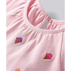 Bonfino 100% Cotton Knit Half Raglan Sleeves T-Shirt with Ice Cream Embrioidery & Frill Detailing - Pink