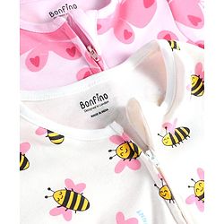 Bonfino 100% Cotton Knit Full Sleeves Footed Sleep Suits With Honeybee & Butterfly Print Pack of 2 - Ivory & Pink