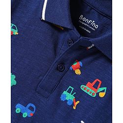 Bonfino 100% Cotton Knit Half Sleeves Polo T-Shirt & Shorts Set with Car Print - Navy Blue & Offwhite