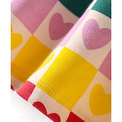Bonfino 100% Cotton Knit Sleeveless Dress With Heart Print and Bow Applique - Pink & Yellow