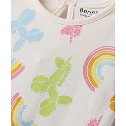 Bonfino 100% Cotton Knit Frill Sleeves T-Shirt & Shorts Co-Ord Set With Rainbow & Balloon Horse Print - White