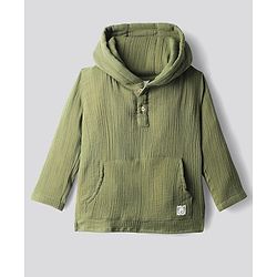 Bonfino 100% Cotton Woven Full Sleeves Hooded Shirt & Pant Set With Textured Design & Kangaroo Pockets - Olive Green