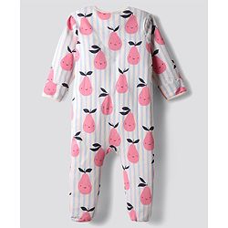 Bonfino 100% Cotton Knit Full Sleeves Front Open Footed Night Suits with Fruit Print & Stripes Pack of 3 - Ivory Light Blue & Pink