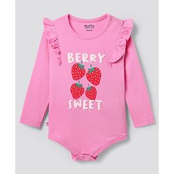 Bonfino 100% Cotton Knit Full Sleeves Onesies with Fruit Print & Frill Detailing Pack of 2 - Red & Pink