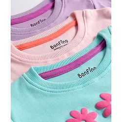 Bonfino 100% Cotton Knit Full Sleeves Night Suit With Floral Print Pack Of 3 - Pink Lilac & Light Blue