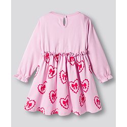 Bonfino 100% Cotton Knit Full Sleeves Frock with Heart & Bow Print & Frill Detailing - Light Pink