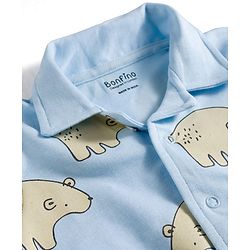 Bonfino 100% Cotton Knit Full Sleeve Front Open Co-Ord Night Suit with Bear Print - Light Blue