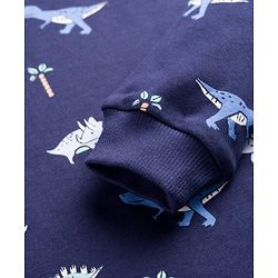 Bonfino 100% Cotton Knit Full Sleeves Co-Ord Night Suit with Dino Print - Navy Blue