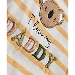Bonfino 100% Cotton Knit Full Sleeves Footed Sleepsuit with Stripes & Teddy Embroidery -White & Yellow