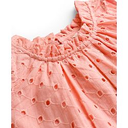 Bonfino Cotton Woven Sleeveless Schiffli Frock with Ruffles at Bottom Hem Panel - Pink