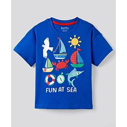 Bonfino 100% Cotton Knit Drop Shoulder Half Sleeves Oversized T-Shirt & Striped Shorts Set With Sea Animals Print - Blue & White
