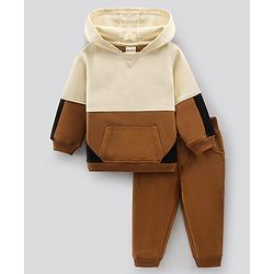 Bonfino Full Sleeves Hooded T-Shirt & Lounge Pant Color Block - Offwhite Brown