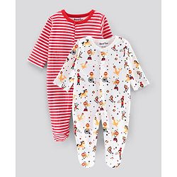 Bonfino Full Sleeves Footed Sleepsuits Animal Print Pack of 2 - Red White