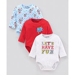 Bonfino Full Sleeve Onesies Elephant Print Pack of 3 - Grey Blue Red