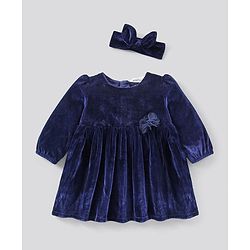 Bonfino Full Sleeves Velvet Frock With Headband - Blue