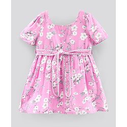Bonfino Half Sleeves Frock with Floral Print & Bow Applique - Pink