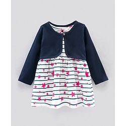 Bonfino Half Sleeves Frock with Full Sleeves Shrug Star Print - White Blue