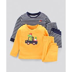 Bonfino Full Sleeves Night Suits Dino Print Pack of 2 - Yellow Navy