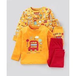 Bonfino Full Sleeves Night Suit London Print - Yellow Red