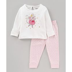 Bonfino Full Sleeves Pyjama Set Glitter Star Print - Ivory Pink