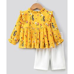 Bonfino Peasant Sleeves Top & Pant Floral Print - Yellow White