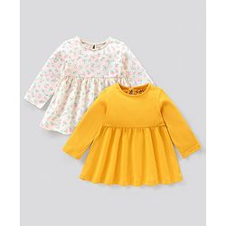 Bonfino Full Sleeves Frock Solid & Floral Print - Yellow Cream