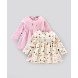 Bonfino Full Sleeves Frocks Butterfly Print Pack of 2 - Pink Off White