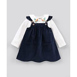 Bonfino Full Sleeves Frock with Front Pockets and Inner Tee with Embroidery - Navy White
