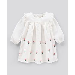 Bonfino Full Sleeves Fit and Flare Frock with Floral Embroidery - Ivory