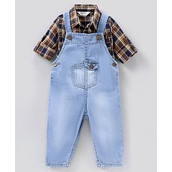 Bonfino Full Sleeves Checked Shirt & Washed Denim Dungaree Set - Blue Brown