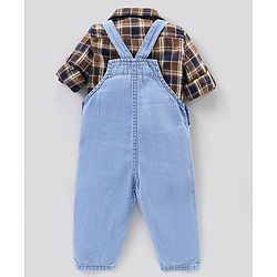 Bonfino Full Sleeves Checked Shirt & Washed Denim Dungaree Set - Blue Brown