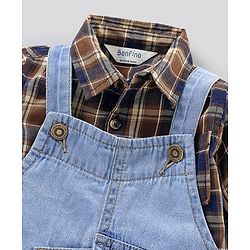 Bonfino Full Sleeves Checked Shirt & Washed Denim Dungaree Set - Blue Brown