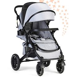 Bonfino Triton Stroller - Adjustable Canopy, Multi-Reclining Back Rest, 5-point Safety, Suspension Wheels - Grey| Aluminum Frame| Compact Fold| Adjustable Leg Rest| Large Spacious Seat| Linen Fabric| Consealed Link Brake| Food Tray