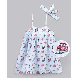 Bonfino Sleeveless Frock With Hairband Printed - Blue
