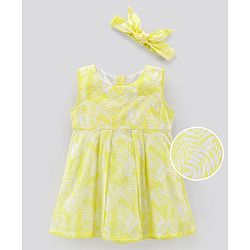 Bonfino Sleevless Frock With Headband Leaves Print - White Yellow
