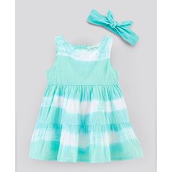 Bonfino Sleeveless Tie & Dye Tiered Frock with Headband - Green