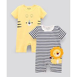 Bonfino Half Sleeves Striped Rompers Animal Face Print Lion Patch - Off White Yellow