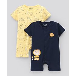 Bonfino Half Sleeves Rompers Tiger & Lion Print Pack of 2 - Blue Yellow