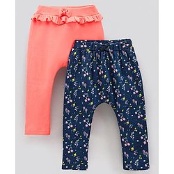 Bonfino Full Length Leggings Floral Print Pack of 2 - Navy Blue Orange