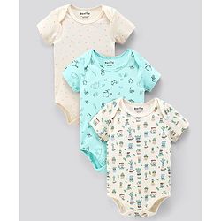 Bonfino Half Sleeves Cotton Onesies Plant Print Pack of 3 - Ivory Blue