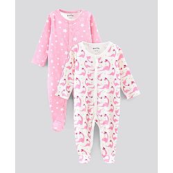 Bonfino Full Sleeves Cotton Footed Sleepsuits Stars & Animal Printed Pack of 2 - Pink Ivory