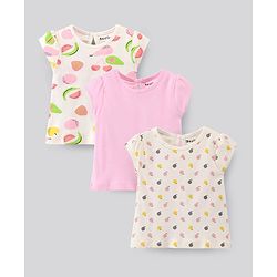 Bonfino Short Sleeves Cotton Solid and Fruit Print Tops Set of 3 - Pink Ivory