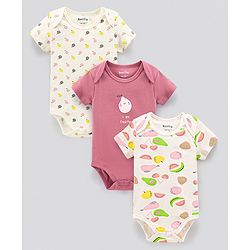 Bonfino Half Sleeves Onesies Fruits Print Pack of 3 - Ivory Pink