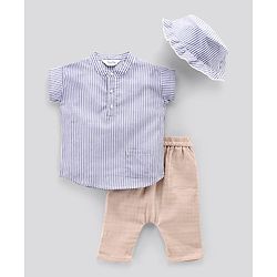 Bonfino Half Sleeves Striped Tee & Pant Set With Hat - Off White