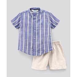 Bonfino Half Sleeves Striped Shirts & Shorts Set - Blue