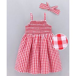 Bonfino Singlet Sleeves Frock With Smocked Detailing Checks Print - Red