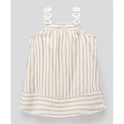 Bonfino Singlet Sleeves Striped Frock With Floral Corsage - White