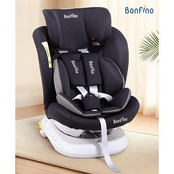 Bonfino Compass Isofix Convertible Car Seat, 360° Swivel, 5-Point Harness, Adjustable Headrest, Premium Linen Fabric - Black| Reclining Seat| Washable Cover