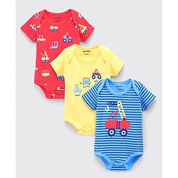 Bonfino Half Sleeves Onesies Vehicles Print Pack of 3 - Red Blue Yellow